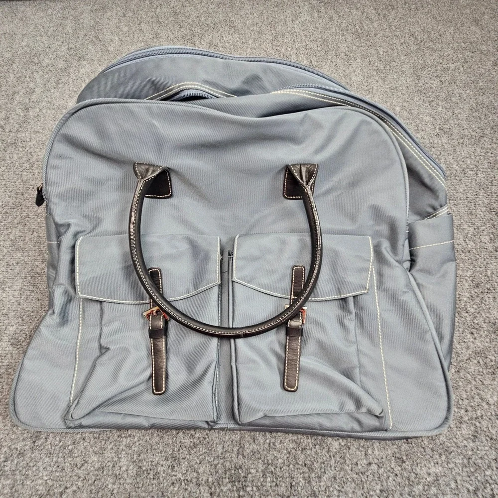 Maxx New York Travel Weekender Bag Blue Grey Nylon Leather Trim Duffel Overnight